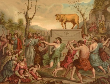 Biblical scene, Bible, Adoration of the Golden Calf, illustration, reproduction from a 19th century