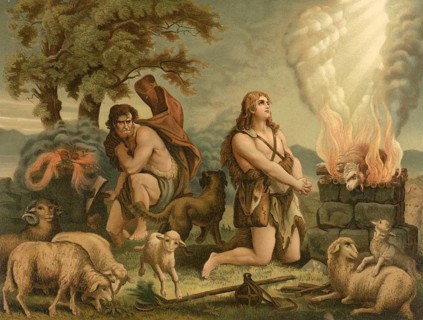 Biblical scene, Bible, The Sacrifice of Cain and Abel, illustration, reproduction from a 19th