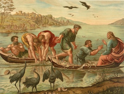 Biblical scene, Bible, The Miraculous Fishing, a parable about faith and trust in Jesus, the