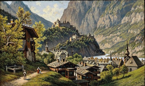 View of the town of Werfen in the province of Salzburg, Austria, based on a painting by Hubert
