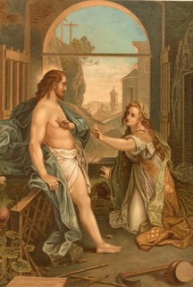 Biblical scene, Bible, Jesus appears to Mary Magdalene on Easter morning as she cries sadly at the