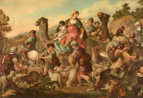 Biblical scene, Bible, Jacob's Flight, refers to the biblical story in which Jacob must flee from