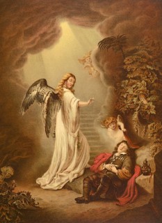 Biblical scene, Bible, Jacob's dream, angels climb up and down these stairs, and God speaks to
