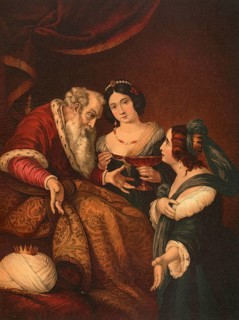Biblical scene, Bible, Esther implores the Persian King Ahasuerus for mercy, illustration,