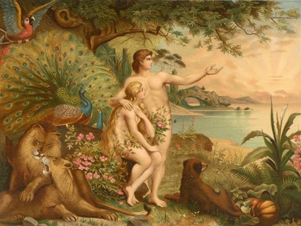 Biblical scene, Bible, Adam and Eve in paradise, illustration, reproduction from a 19th century