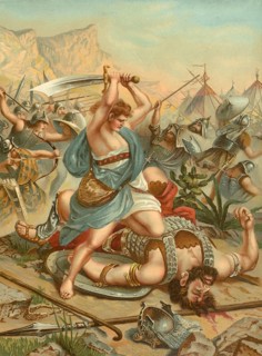 Biblical scene, Bible, David defeats Goliath. The biblical hero David defeats the giant warrior