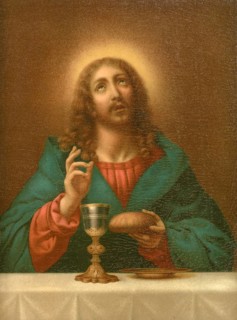 Biblical scene, Bible, and the blessing of bread and wine by Jesus in the Lord's Supper is a