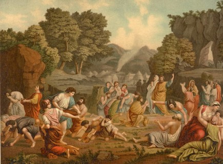 Biblical scene, Bible, collecting manna in the wild, illustration, reproduction from a 19th-century