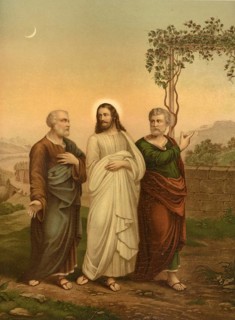 Biblical scene, Bible, Christ goes to Emmaus with his disciples. The biblical story is about two