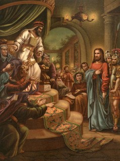 Biblical scene, Bible, false testimony against Christ, illustration, reproduction from a