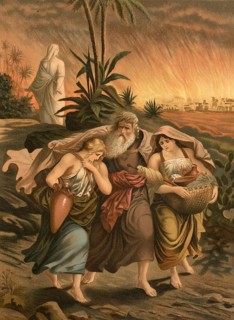 Biblical scene, Bible, Lot flees from the city of Sodom with his woman and two daughters in front