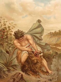 Biblical scene, Bible, Samson kills a lion as he is on his way to marry a woman. The spirit of God