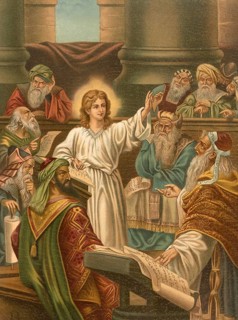 Biblical scene, Bible, Jesus teaching in the temple. Jesus' teaching in the temple in Jerusalem is
