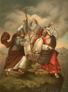 Biblical scene, Bible, Moses' prayer during the battle against the Amalekites, consisted of him
