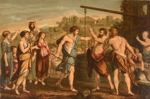 Biblical scene, Bible, Moses defended the daughters of Jethro by driving away shepherds who drove