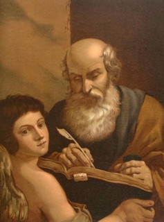 Biblical scene, Bible, The evangelist Matthew, one of the twelve apostles of Jesus, in front of his