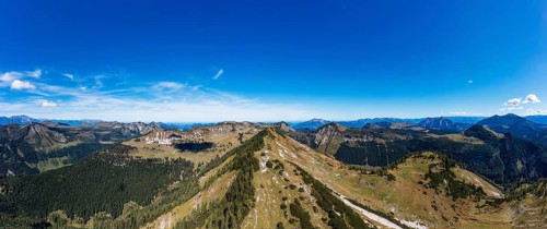 Drone shot, view of the Osterhorn Group from Egelseehörndl, Postalm, Salzkammergut, Province of