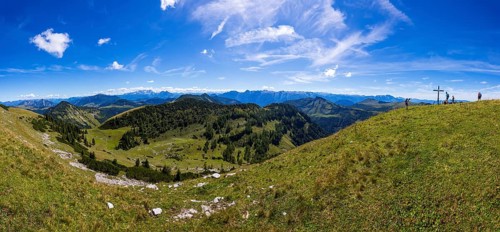 Summit Cross, Hoher Zinken, View of the Osterhorn Group, Postalm, Salzkammergut, Province of