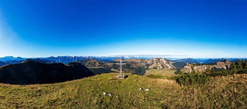 Drone shot, summit cross, Hoher Zinken, Postalm, Osterhorn Group, Salzkammergut, Province of