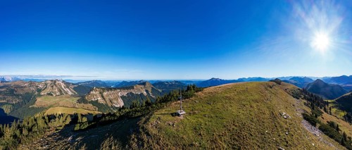 Drone shot, summit cross, Hoher Zinken with Holzeck and Königsbergerhorn, Postalm, Osterhorn Group,