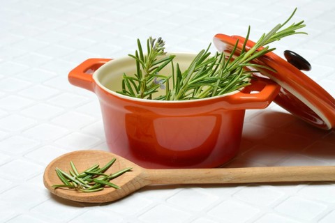 Rosemary, rosemary leaves on cooking spoon with cooking pot, rosemary sprig in pot