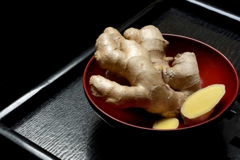 Ginger, ginger root in tea bowl, Zingiber officinale, tea preparation