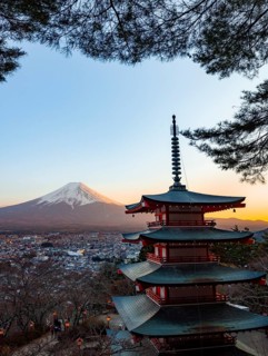 Five-story pagoda of a Shinto Shrine, Chureito Pagoda, with views of Fujiyoshida City and Mount