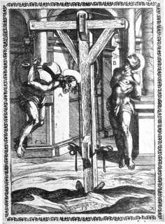 Torture, Torture, Inquisition, a. convict who is hung by his hands (who are tied behind his back)