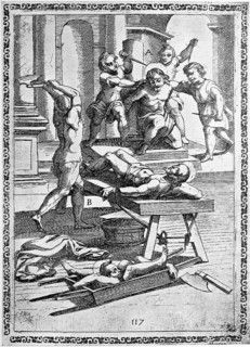 Torture, ordeal, inquisition, a. convict who was fatally wounded by boys with their pens, b.