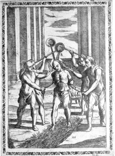 Torture, ordeal, inquisition, convict forced to walk across glowing coals while molten lead,