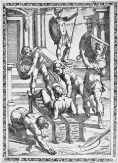 Torture, ordeal, inquisition, a. convict roasting on an iron grate or grill, b. Iron shovel to stir