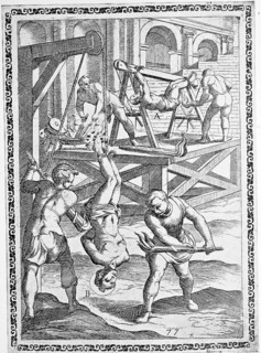 Torture, ordeal, inquisition, a. convict who was hung from a wooden horse and burned with torches,