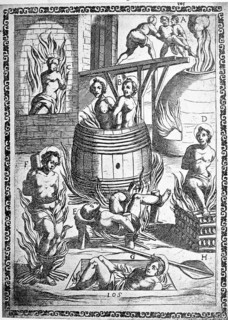 Torture, Torture, Inquisition, a. convict thrown into a glowing oven, b. convict put in a barrel or