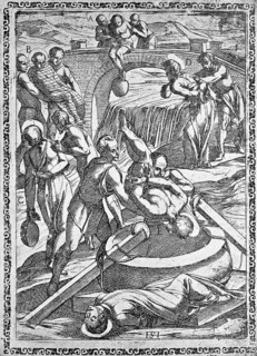 Torture, Torture, Inquisition, a. Condemned thrown into a river with a heavy stone at the foot, b.