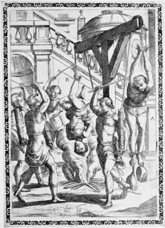 Torture, ordeal, inquisition, a. convicted person hung by the thumb, with heavy stones on their