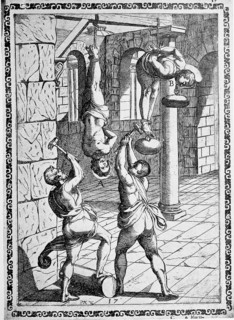 Torture, ordeal, inquisition, a. Condemned person being hung by the feet while his head is