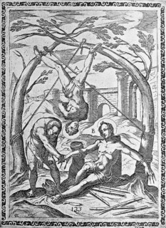 Torture, ordeal, inquisition, a. convict whose legs are tied to two neighboring trees, which have