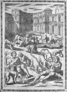 Torture, ordeal, inquisition, a. convict caught in a net and accused of eating by a wild bull, b.