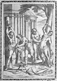 Torture, convicted person skinned alive, illustration, reproduction from a 16th century model,