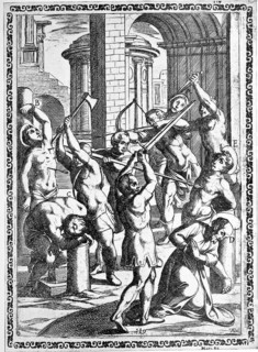 Torture, Torture, Inquisition, a. Condemned person who is stabbed in the throat, b. Killed with