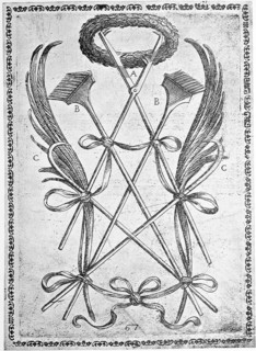 Torture, torture instruments, a. iron horseshoes, b. harrows, c. Horseshoe stollen, illustration,