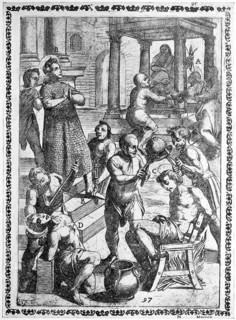 Torture, ordeal, inquisition, a. convict whose hand is filled with incense and glowing coals and