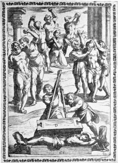 Torture, ordeal, inquisition, a. convict who receives slaps and kicks and whose face is bruised