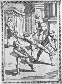 Torture, ordeal, inquisition, a convict who is tied down with straps or strings is forcibly pulled