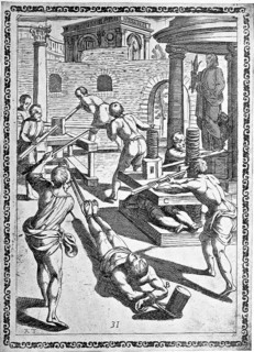 Torture, ordeal, inquisition, a. with pulley, b. convict stretched by a pulley, c. Crushed in the