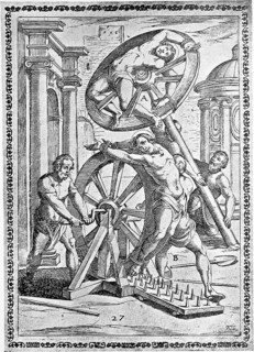 Torture, ordeal, inquisition, a. convict whose limbs are tied into the spokes of a wheel on which