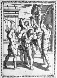 Torture, ordeal, inquisition, convicted person tied to a stake or pillar rammed into the ground and