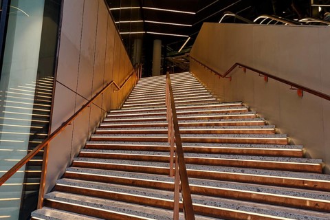 Illuminated staircase to cinema, modern architecture, Kinopolis, Westfield Überseequartier, modern