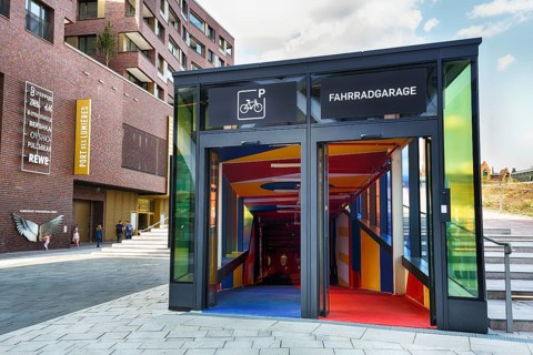 Colourful bicycle garage, bicycle parking garage at the Museum of Immersive Art, Port des Lumières,
