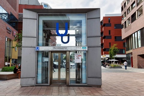 Elevator to subway station, Westfield Überseequartier, modern shopping center, HafenCity, Hamburg,